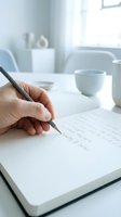 Person writing in notebook with pen at white desk with coffee cup, suitable for business, education, journaling, productivity, and lifestyle content.