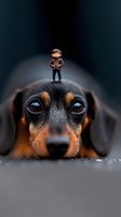 Surreal composition of tiny man standing on dachshund nose, close up portrait of dog face with big eyes, creative digital art manipulation on dark background.