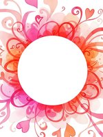 Pink and red floral swirls frame with white circle space for text. Decorative hearts and ornamental flourishes border design for romantic greeting cards.