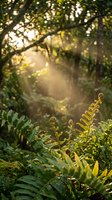 Sunlit forest path with unfurling fern fronds in foreground, golden light filtering through dense canopy creating atmospheric woodland scene for nature and environmental design projects.