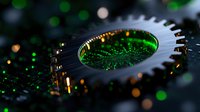 Metallic gear wheel on dark background with green and orange bokeh lights creating futuristic industrial composition for technology concepts.