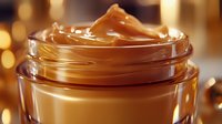 Luxurious golden caramel sauce swirled in glass jar with bokeh lights background, creamy dessert topping closeup macro photography for food advertising.