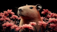 Curious capybara among coral pink daisies on dark background, close-up portrait showing gentle expression and soft fur texture. Whimsical nature concept.