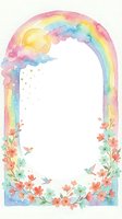 Watercolor rainbow arch frame with sun, clouds, flowers and hummingbirds on white background for invitations, baby shower, nursery decor and greeting cards.