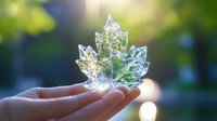 Crystal clear glass leaf floating above open palm with natural bokeh background symbolizing environmental protection and sustainability concepts.