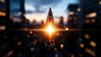 Dramatic urban skyline reflection creating symmetrical mirror effect with glowing sunset light and bokeh particles in dark moody atmosphere.