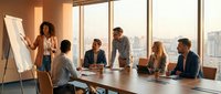 Diverse business team in modern conference room during presentation meeting with city skyline view through large windows at sunset.