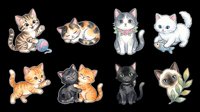 Cute cartoon cats set isolated on transparent background, ready for stickers, clipart, t-shirt design, print on demand, and sublimation projects.