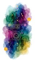 Mystical sacred geometry symbols with all-seeing eye on vibrant watercolor background for spiritual and esoteric design projects.