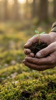 Hands holding young seedling with soil in forest setting, symbolizing environmental conservation, sustainable growth, and ecological responsibility for nature restoration projects.