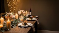 Romantic dinner table setting with candles, wine, flowers and fairy lights creating intimate dining atmosphere for two people on wooden table.