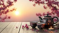 Traditional floral tea set with teapot and cups on wooden table under blooming cherry blossom branches at golden sunset for relaxation and ceremony.
