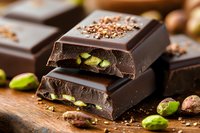 Dark chocolate squares filled with green pistachios stacked on wooden cutting board, garnished with crushed nuts, macro food photography showing texture and layers.