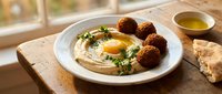 Creamy hummus topped with olive oil and fresh herbs served with crispy falafel balls on white plate. Mediterranean appetizer perfect for healthy dining.