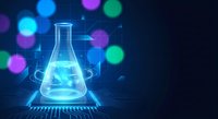 Futuristic laboratory flask with glowing blue liquid and colorful bokeh lights on dark background for science technology research concepts.