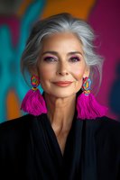 Elegant mature woman with silver hair wearing vibrant pink tassel earrings and purple eyeshadow against colorful background, expressing confidence and joy in aging gracefully.