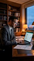 Professional businessman working on laptop with financial data in elegant home office library during evening hours.