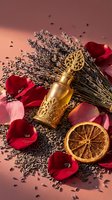 Ornate golden perfume bottle surrounded by lavender, red rose petals, and dried orange slice on a pink background, evoking luxury fragrance.