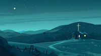 Serene night landscape with small church on hilltop, glowing windows and cross against starry turquoise sky. Winding path leads through rolling hills and wooden fence in moonlight.