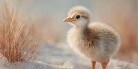 Adorable fluffy baby chick standing on sandy ground near dried grass with soft warm lighting and blurred natural background for spring wildlife content.