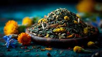 Aromatic herbal tea blend with dried flowers and spices in wooden bowl. Natural wellness ingredients for healthy lifestyle and relaxation rituals.