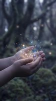 Cupped hands holding magical glowing particles and stardust in enchanted forest setting with sparkling light effects and mystical atmosphere.
