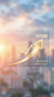 Glowing upward arrow and growth chart overlay on cityscape at sunrise symbolizing future success, new beginnings, and corporate expansion for business presentations.