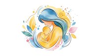 Mother with blue hair tenderly holding newborn baby in warm embrace surrounded by soft floral elements on white background for maternal design projects.