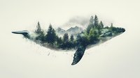 Double exposure silhouette of whale filled with misty mountain landscape, evergreen forest and fog effects on light background. Creative nature concept.