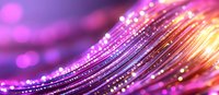 Glowing fiber optic waves with pink and golden bokeh lights creating abstract technological background pattern with sparkling illumination effects.