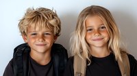 Caucasian children with backpacks smiling at camera, wearing black shirts. Boy with tousled blonde hair and girl with long blonde hair against light background. School portrait.