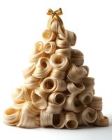 Blonde hair extensions arranged in Christmas tree shape with golden bow on top, isolated on white background for beauty salon advertising.