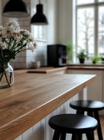 Modern minimalist kitchen interior with wooden countertop, black bar stools, and white flowers in glass vase. Natural daylight through window creates cozy atmosphere.