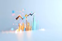Glowing financial chart with ascending arrows and gradient color bars showing business growth trend against soft blurred background for finance presentations.