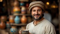 Middle Eastern artisan with graying beard wearing traditional headdress holds decorative ceramic cup while smiling in pottery workshop with handcrafted vessels on shelves in background.