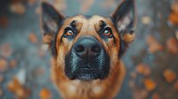 Close-up portrait of German Shepherd mix dog with bright blue eyes looking up against blurred autumn background, showing loyalty and curiosity in facial expression.