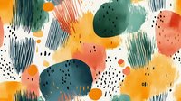 Abstract watercolor pattern with brush strokes in teal, coral, and orange. Organic shapes and dots create dynamic composition on white background. Seamless repeat for fabric and decor.