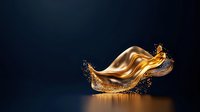 Glowing golden liquid splash with dark particles creating dynamic wave shape against deep blue background, dramatic lighting effect for luxury design.