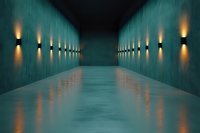 Modern turquoise corridor with warm wall sconces creating atmospheric lighting and reflective floor surface for contemporary interior design projects.