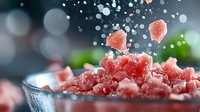 Fresh watermelon cubes falling into glass bowl with water drops and splashes against dark background, frozen fruit concept for summer refreshment.