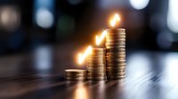 Stacked coins with burning candles creating ascending steps symbolize financial growth, investment success, and wealth accumulation in dark atmospheric setting.