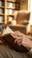 Elderly hands holding open vintage book in cozy library setting with armchair and bookshelves creating warm reading atmosphere for literature and education concepts.
