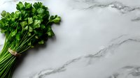 Fresh green parsley bunch tied with twine on white marble background with copy space. Natural organic herbs for cooking and garnishing.