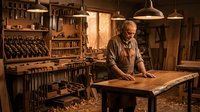 Elderly craftsman working with wood in traditional workshop filled with vintage tools and warm lighting for carpentry and woodworking projects.