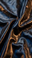 Luxurious silk fabric with flowing folds in deep blue and bronze tones creating elegant waves and reflective surface texture for premium fashion design projects.
