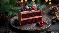 Chocolate cake slice with berries and pine cone decorations on dark plate surrounded by festive holiday lights and evergreen branches for seasonal celebrations.