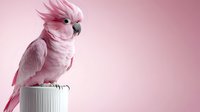 Pink cockatoo parrot with raised crest perched on white container against soft pink background. Tropical bird pet portrait with copy space for design.