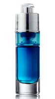 Elegant blue glass bottle with silver pump dispenser on white background, luxury cosmetic packaging for skincare serum or fragrance design mockup.