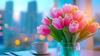 Pink tulips in glass vase on table with coffee cup against blurred city skyline background. Spring flowers arrangement for home decor and lifestyle concepts.