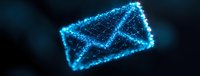 Glowing blue digital envelope icon made of connected dots and lines floating in dark space, representing electronic communication and digital mail networks.